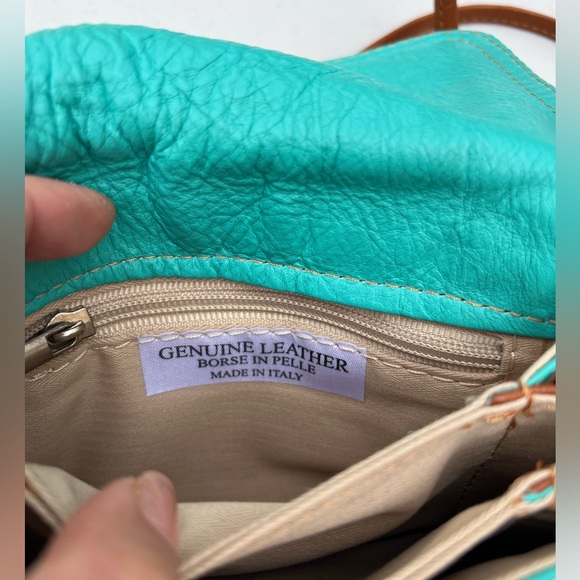 L'ARTIGIANO SORRENTINO Leather Crossbody Purse teal aqua tan bag Italy made - Picture 4 of 12